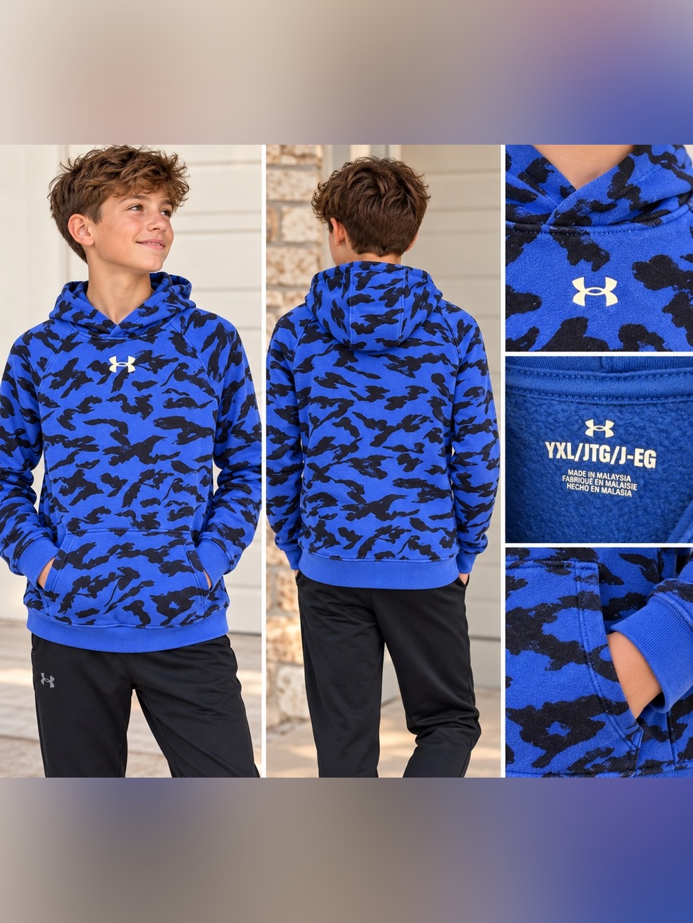 Under Armour Boys Blue Black Camo Hoodie Youth XL Pullover Sweatshirt
